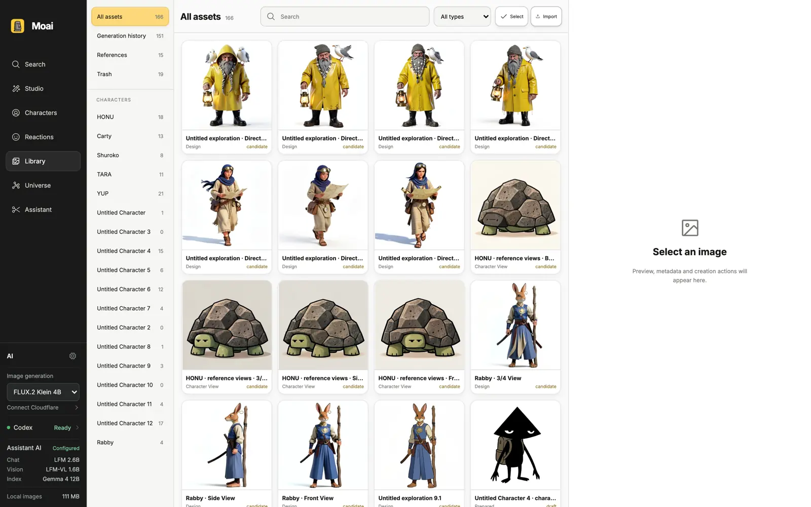 Moai Library with 166 assets scoped by character, showing generation history and references
