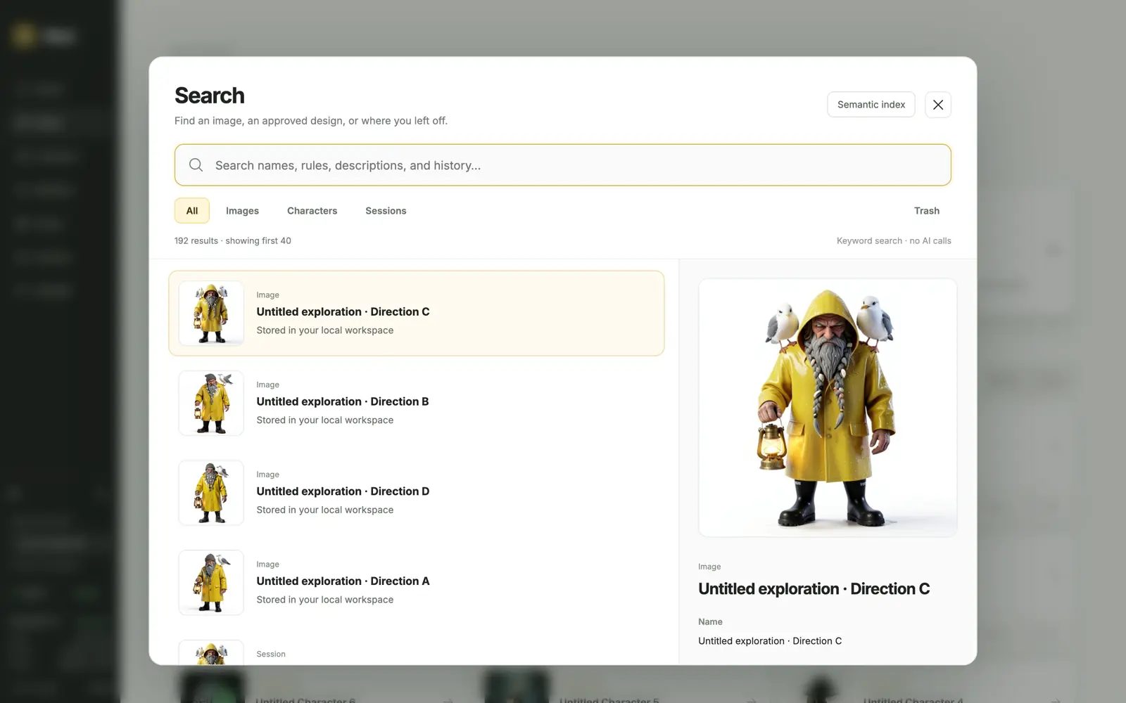 Moai Search showing 192 results filtered by images, characters and sessions, with a semantic index toggle