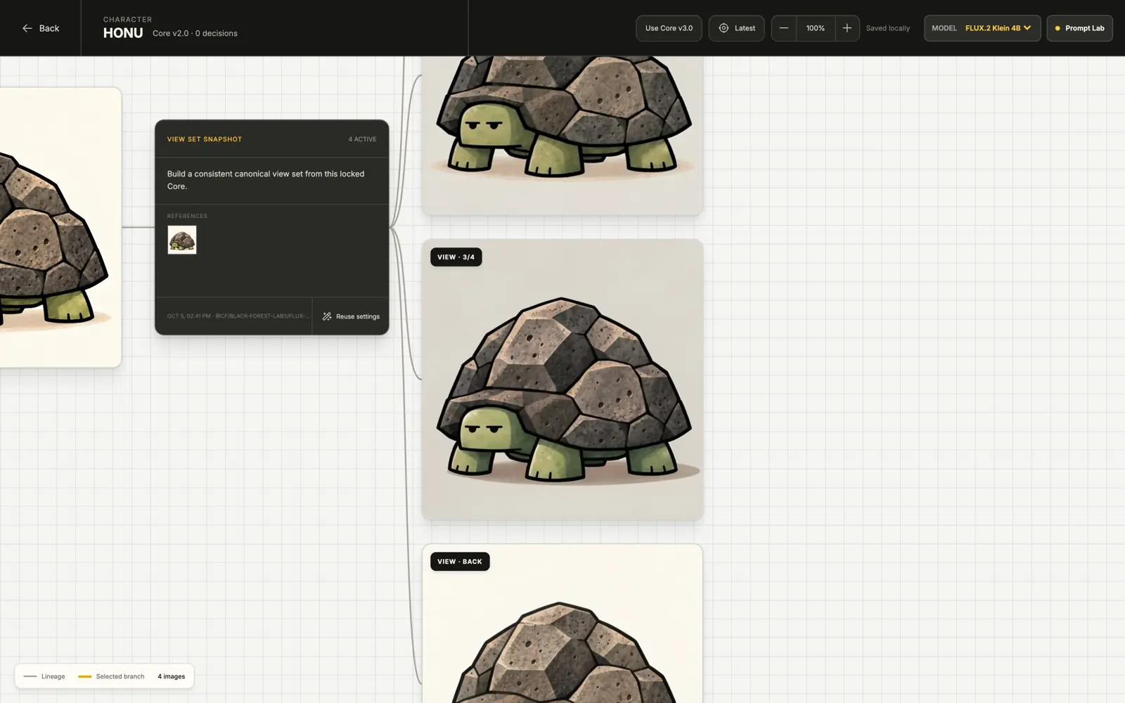 A Moai creation canvas for HONU pinned to Core v2.0 with an option to switch to v3.0, showing lineage, a view-set snapshot and the exact provider and model a run was sent to