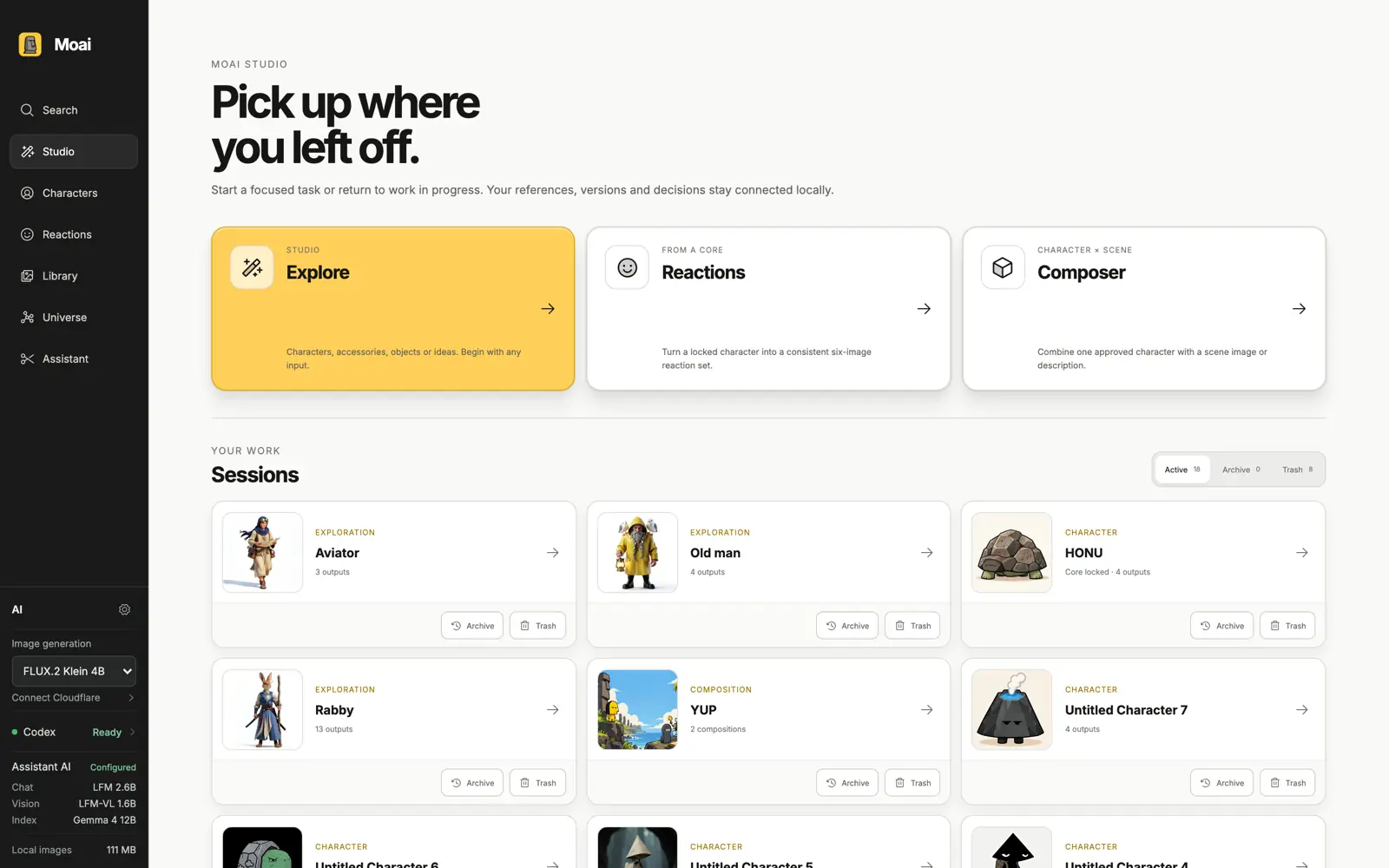 Moai Studio showing resumable sessions for HONU, Rabby, Aviator and YUP
