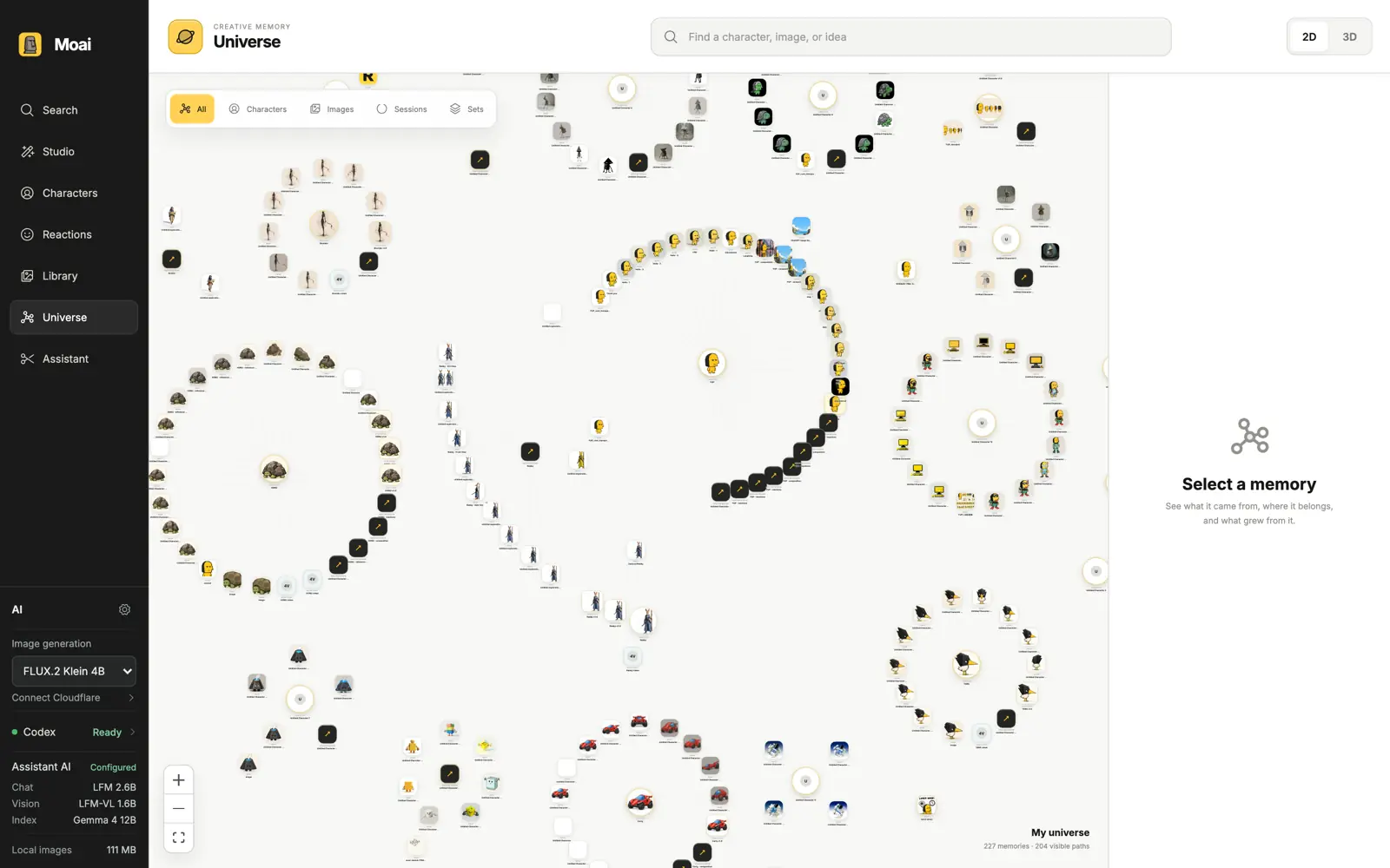 Moai Universe showing 227 memories as separate clouds with 204 visible relationship paths